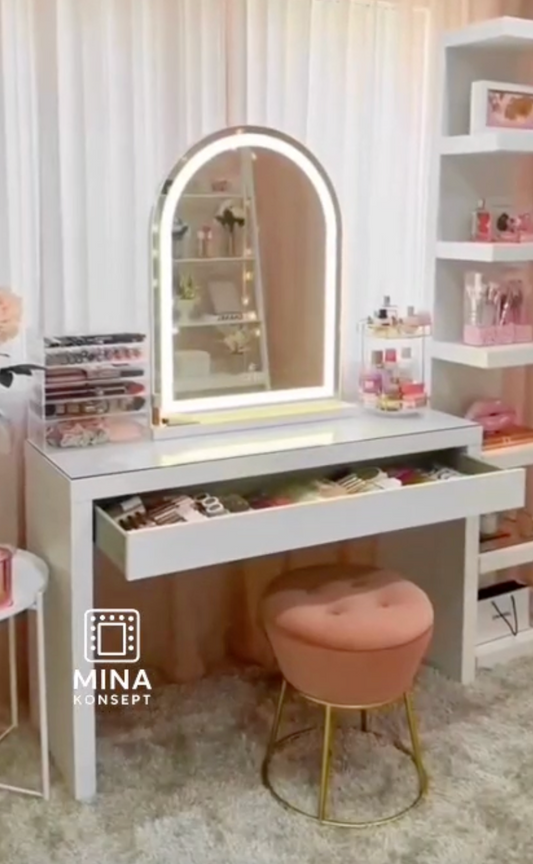 LED Işıklı Makyaj Aynası – Beyaz Tek Çekmeceli Masa İle Birlikte